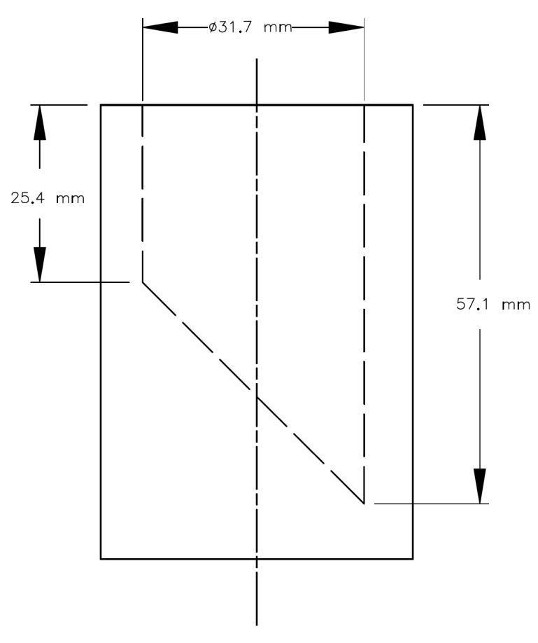 A sectional view of the small parts cylinder which is a hollow cylinder with an inner diameter of 31.7 mm. The inner base of the cylinder is diagonal at a 45° angle so that the minimum depth of the cylinder is 25.4 mm and the maximum depth of the cylinder is 57.1 mm.