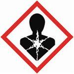 A red square, set on one of its points, outlined on a white background, symbolizing danger. It contains, inside its perimeter, the image of a black torso and head of a person. In the middle of the torso there is a white spot with six white extensions radiating in all directions from the spot. This pictogram is used to warn about the presence of a health hazard.