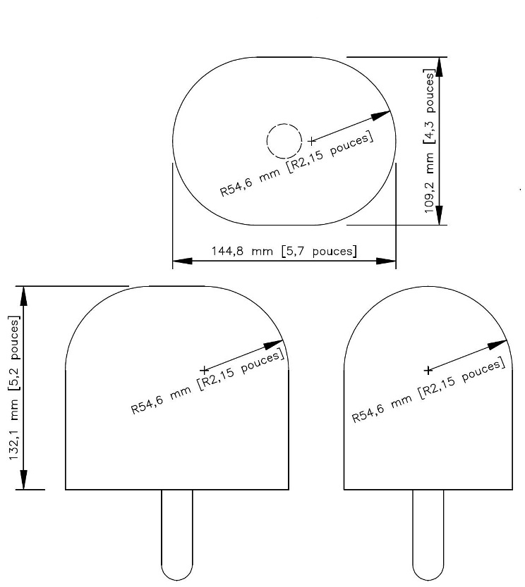 Le petit gabarit imite la tête d’un enfant de six mois qui se situe au cinquième percentile. Le petit gabarit est un prisme mesurant 144,8 mm sur 109,2 mm et ayant une hauteur de 132,1 mm. Les surfaces latérales et le dessus du gabarit sont arrondis de sorte que leur rayon est de 54,6 mm. Un manche est fixé sous le gabarit.