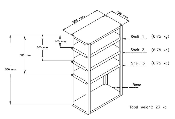 The device is shaped like a bookshelf with a base, three shelves and a top. It is 530 mm tall, 300 mm long and 150 mm deep. The top of the first shelf is 100 mm from the top of the device. The top of the second shelf is 200 mm from the top of the device. The top of the third shelf is 300 mm from the top of the device. Each of the three shelves weighs 6.75 kg, with the total device weighing 23 kg.