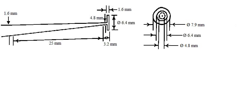 The probe is a cylindrical rod with a disc at one end that is 1.6 mm thick and has a diameter of 6.4 mm.