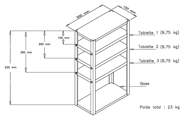 Le dispositif ressemble à une bibliothèque avec une base, trois tablettes et un dessus. Il a une hauteur de 530 mm, une longueur de 300 mm et une profondeur de 150 mm. La face supérieure de la première tablette se trouve à 100 mm de la face supérieure du dessus du dispositif, la face supérieure de la deuxième tablette se trouve à 200 mm de la face supérieure du dessus du dispositif et la face supérieure de la troisième tablette se trouve à 300 mm de la face supérieure du dessus du dispositif. Chaque tablette pèse 6,75 kg et l’ensemble du dispositif pèse 23 kg.