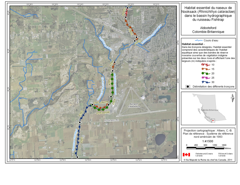 La carte 3 est une carte représentant le bassin hydrographique du ruisseau Fishtrap d’Abbotsford, en Colombie-Britannique, qui indique les emplacements de tronçons de cours d’eau ayant été désignés en tant qu’habitat essentiel du naseux de Nooksack dans le Programme de rétablissement du naseux de Nooksack au Canada (2008). L’habitat essentiel au sein de ces tronçons englobe tous les habitats aquatiques ainsi que les bandes de réserve riveraines de végétation indigène. Les bandes de réserve riveraines de végétation indigène s’étendent depuis le haut de la rive de chaque côté du cours d’eau et sur les largeurs précisées par le symbole utilisé pour déterminer le tronçon sur la carte. Les coordonnées du point marquant le début et du point marquant la fin de chaque tronçon comportant un habitat essentiel et les largeurs précisées des bandes de réserve riveraines associées à chaque tronçon sont indiquées dans le tableau 1. Les tronçons présentés sur la carte sont étiquetés avec des codes correspondant aux codes utilisés pour définir le tronçon dans le tableau 1.