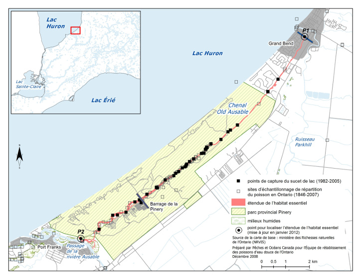 La carte 1 est une carte représentant une partie de la rive sud-est du lac Huron, qui entoure le chenal Old Ausable. L’étendue de l’habitat essentiel du sucet de lac, comme l’illuste la carte, comprend tout le chenal Old Ausable, de son embouchure, indiquée par le point P2 sur la carte, jusqu’à sa fin à Grand Bend, indiquée par le point P1. La carte indique des points de capture du sucet de lac (de 1982 à 2005), ainsi que les sites d’échantillonnage de répartition du poisson en Ontario (de 1846 à 2007). Un encart situé en haut à gauche indique l’aire représentée sur cette carte mais sur une carte à petite échelle.