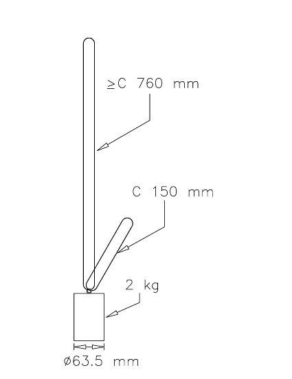 The load is a 2-kg cylinder with a diameter of 63.5 mm. One loop having a perimeter of 760 mm or greater and another loop having a perimeter of 150 mm are attached to the top of the load with a closed eye bolt.