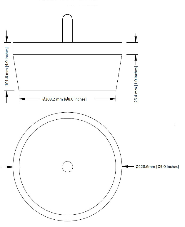The large head probe simulates the head of a 97th percentile three-year-old child. The large head probe is shaped like a tapered cylinder. The height of the probe is 101.6 mm. The diameter of the probe is constant at 228.6 mm for the first 25.4 mm of height, measured from the bottom of the probe, and is then reduced to 203.2 mm over the next 76.2 mm of height. A handle protrudes from the centre of the bottom surface of the probe.