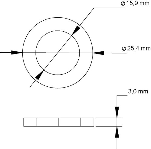 La bague de vérification est une rondelle d’un diamètre intérieur de 15,9 mm, d’un diamètre extérieur de 25,4 mm et d’une épaisseur de 3,0 mm.