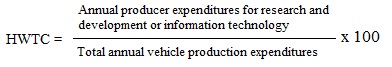 The annual producer expenditures for research and development and information technology are divided by the total annual vehicle production expenditures and the quotient is multiplied by one hundred.