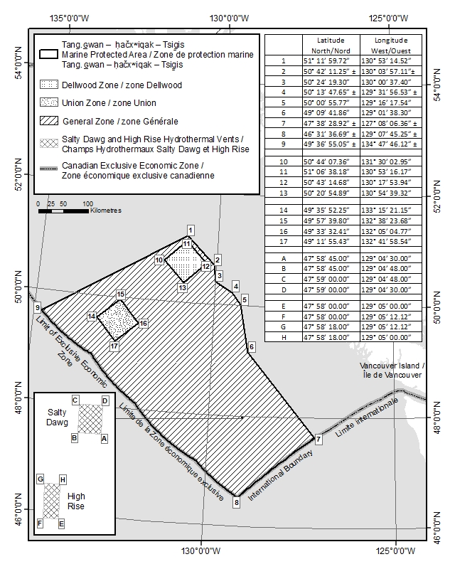 The schedule depicts a map of the Tang.ɢ̱wan — ḥačxʷiqak — Tsig̱is Marine Protected Area as an area of the sea in the exclusive economic zone of Canada west of British Columbia.