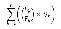 La somme des produits de la multiplication de Qk par le quotient de Ek et Pk, pour chaque flux « k » d’hydrogène, d’ammoniac ou de vapeur.