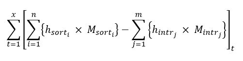La somme des produits de la multiplication de hsorti par Msorti pour chaque flux calorifique « i » moins la somme des produits de la multiplication de hintrj par Mintrj pour chaque flux calorifique « j », additionnée pour chaque période « t ».
