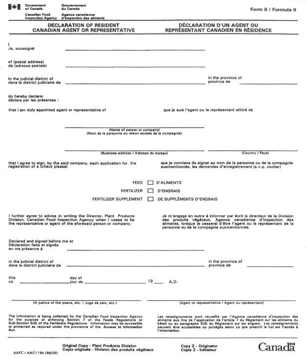 Form II – Declaration of Resident Canadian Agent or Representative form