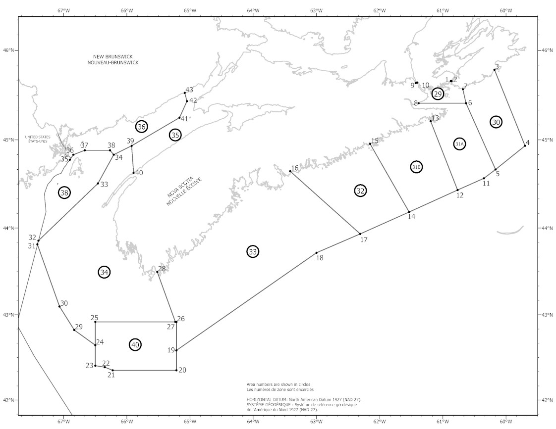 Carte illustrant les zones de pêche du homard dans l’océan Atlantique.