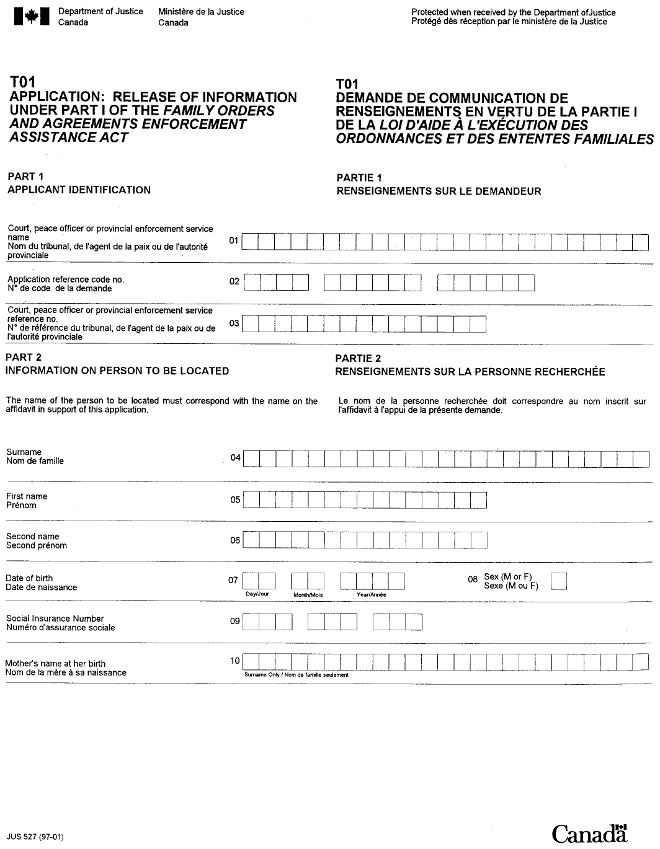T01 Application: Release of Information under Part I of the Family Orders and Agreements Enforcement Assistance Act form
