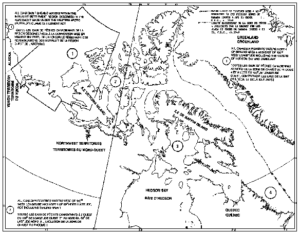 Carte des zones de pêche du phoque décrivant les zones 1 à 4.