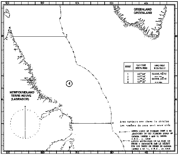 Carte des zones de pêche du phoque avec les coordonnées géographiques en latitude et longitude de 4 points délimitant la zone 4.
