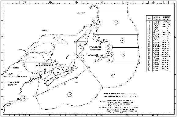 Carte des zones de pêche du phoque avec les coordonnées géographiques en latitude et longitude de 25 points délimitant ces zones.