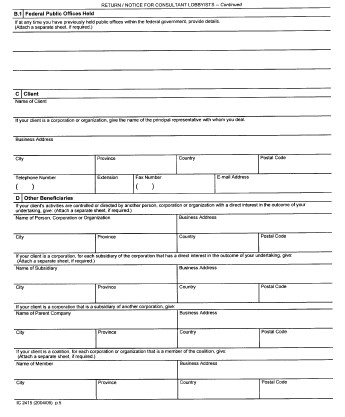 Continued Form 1 Return / Notice for Consultant Lobbyists - Consultant Lobbyists Registration form