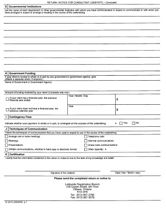 Continued Form 1 Return / Notice for Consultant Lobbyists - Consultant Lobbyists Registration form