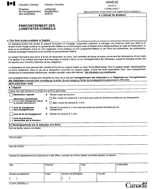 Formulaire 1 Déclaration / Avis pour les lobbyistes-conseils - Enregistrement des lobbyistes-conseil