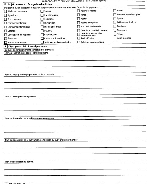 Suite du formulaire 1 Déclaration / Avis pour les lobbyistes-conseils - Enregistrement des lobbyistes-conseil