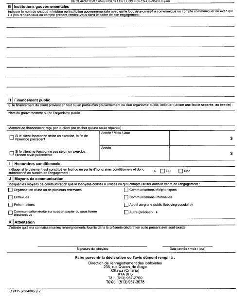 Suite du formulaire 1 Déclaration / Avis pour les lobbyistes-conseils - Enregistrement des lobbyistes-conseil