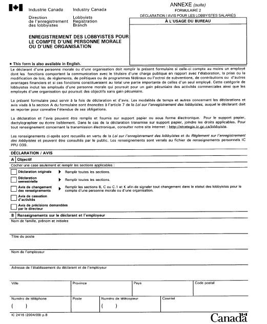 Formulaire 2 Déclaration / Avis pour les lobbyistes salariés - Enregistrement des lobbyistes pour le compte d’une personne morale ou d’une organisation