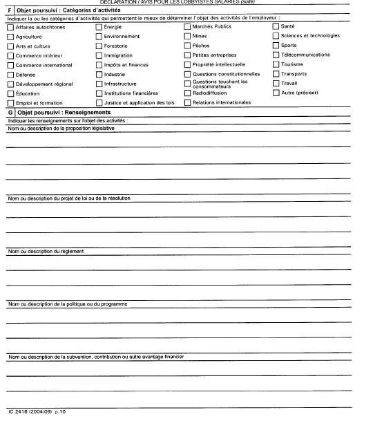 Suite du formulaire 2 Déclaration / Avis pour les lobbyistes salariés - Enregistrement des lobbyistes pour le compte d’une personne morale ou d’une organisation