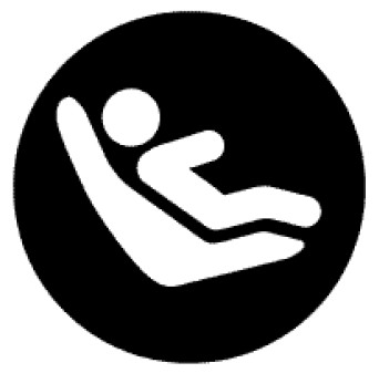 Symbole du dispositif universel d’ancrages d’attaches inférieurs composé d’un cercle noir contenant au milieu un dessin d’une personne inclinée dans un siège.
